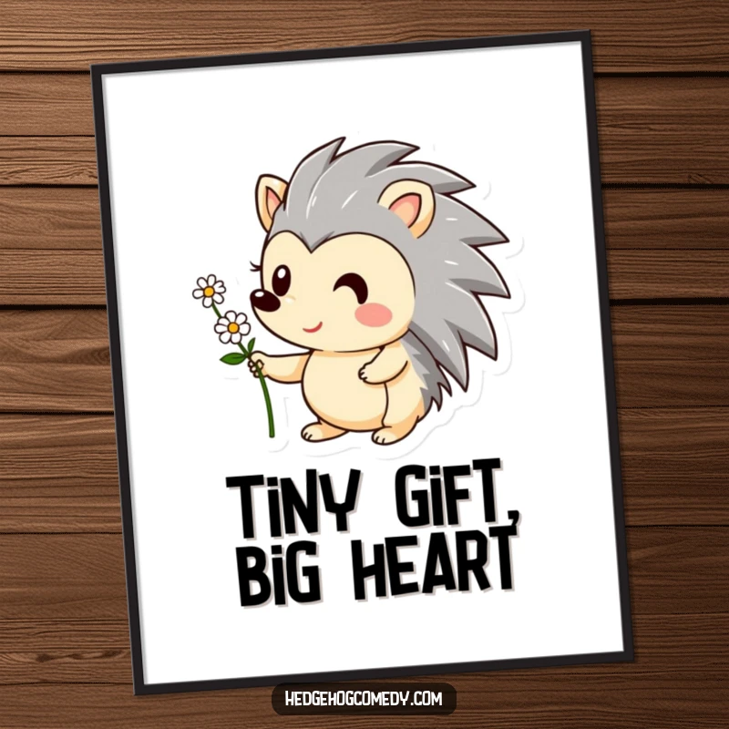 Funny poster art of a sweet hedgehog character with a big smile, holding out a small flower. Charming and humorous wall decor.
