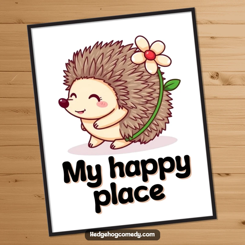 Funny Hedgehog Poster displaying a happy hedgehog rolling with a flower on its back, adding joy and humor to decor.
