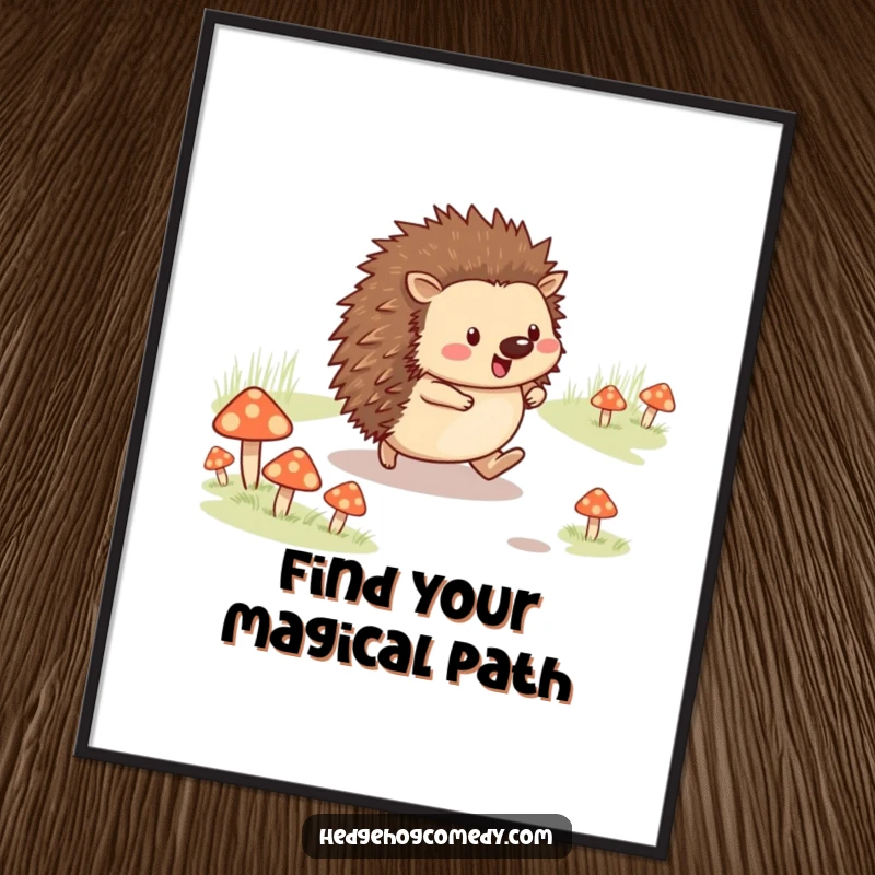 Funny cheerful hedgehog skipping along a mushroom path on a poster, creating a whimsical and joyful scene, ideal funny gift.