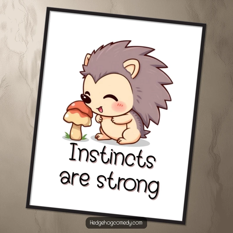 Funny hedgehog with an excited expression sniffing a mushroom on a poster, capturing a whimsical moment of natural curiosity.