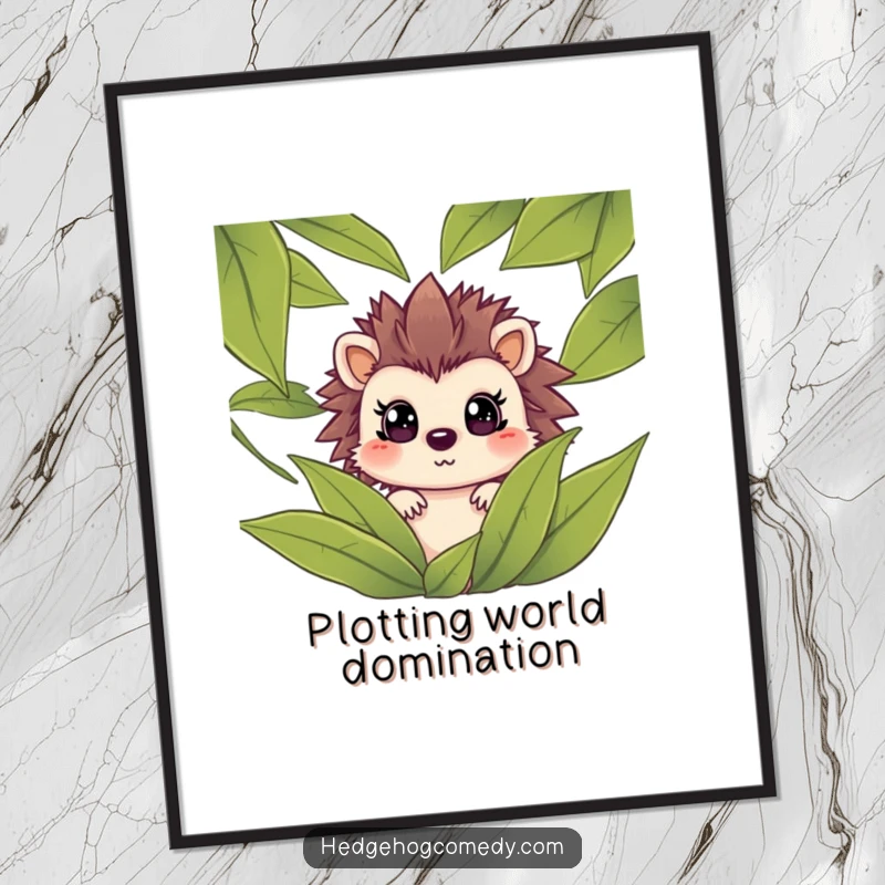 Funny hedgehog peeking from leaves with wide, surprised eyes on a poster, showcasing a humorous and cute moment for wall decor.