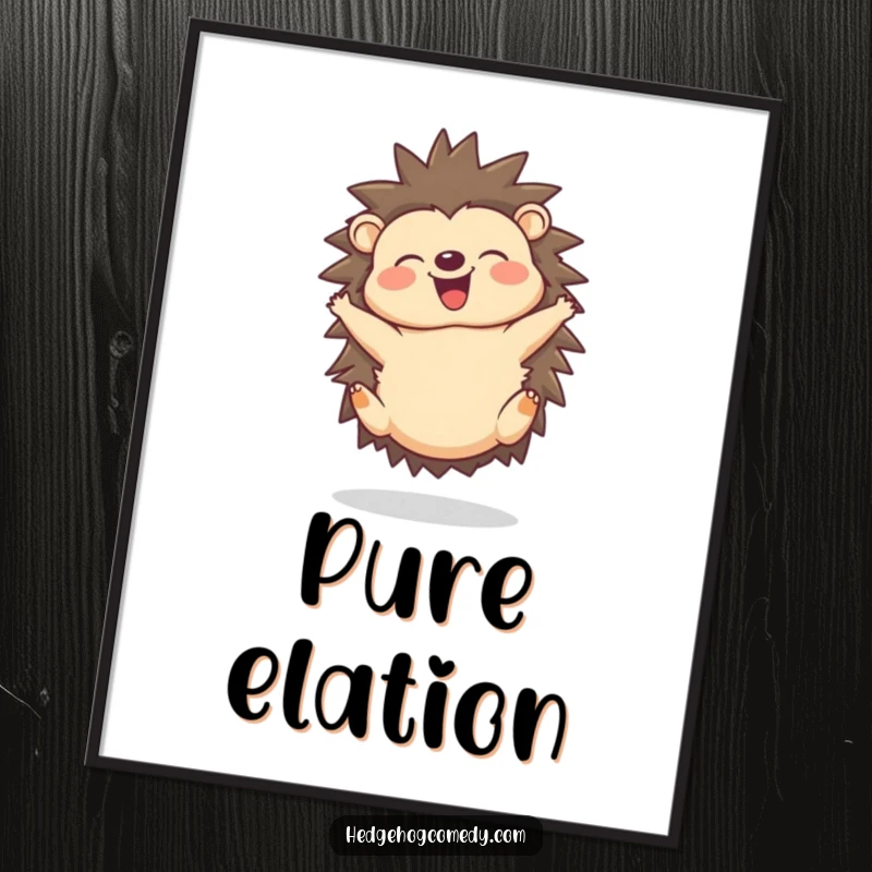 Funny poster featuring a joyful hedgehog doing a delighted somersault with a happy squeak.