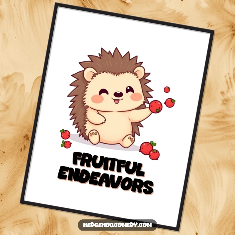 Funny kawaii hedgehog poster, juggling small berries, a cute and talented character adding cheer to any room.
