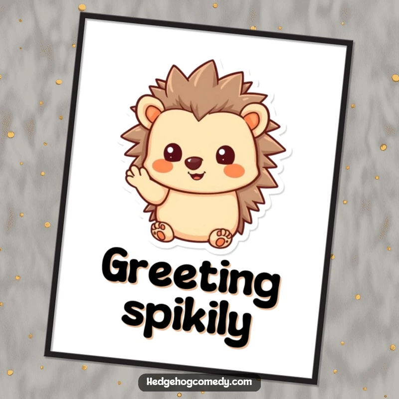 Funny Kawaii Hedgehog Poster, giving a gentle wave with quills slightly raised, perfect for adding welcoming and humorous wall art.