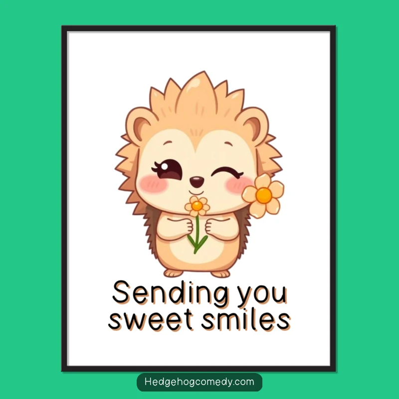 Funny Shy Hedgehog Flower Poster - Sweet Wall Art Gift