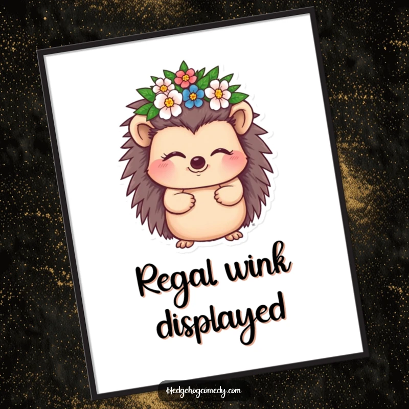 Funny Hedgehog Poster showcasing a hedgehog character giving a knowing wink while sporting a miniature crown of blooming flowers.