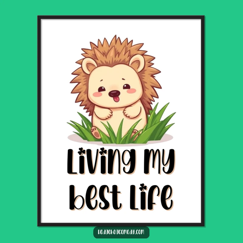 Funny Hedgehog Waddling Poster: Happy Grass Walker Art, Adorable Joyful Decor Gift