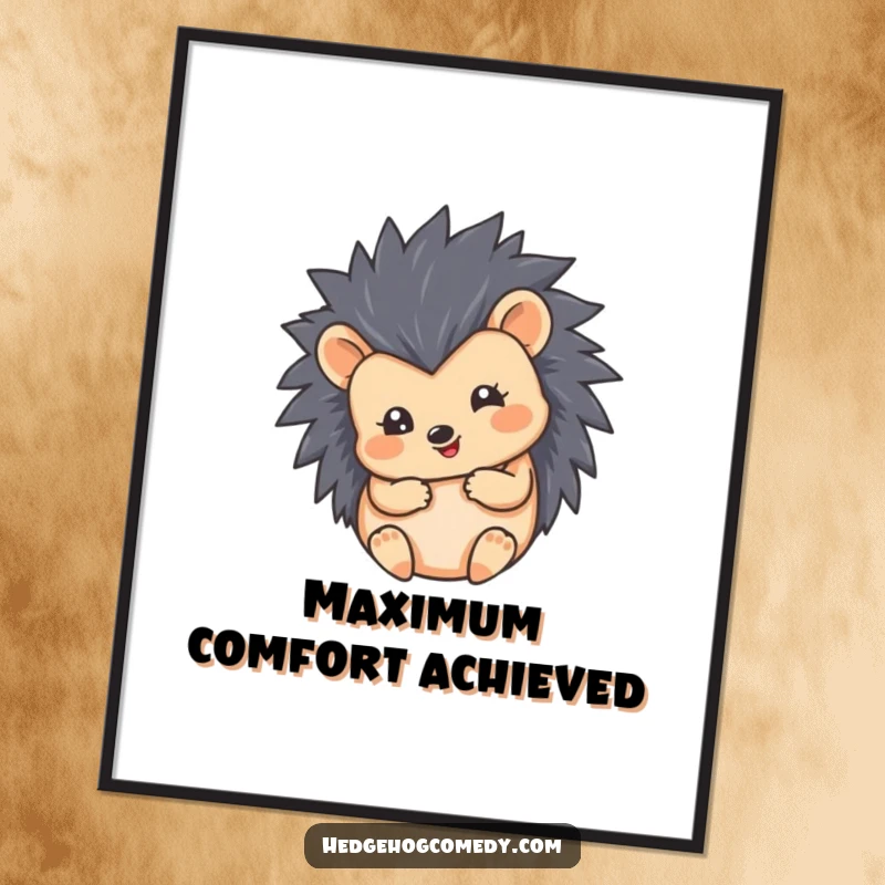 Funny poster art of a hedgehog curled into a cute, round, happy ball shape. Whimsical and humorous wall decor.