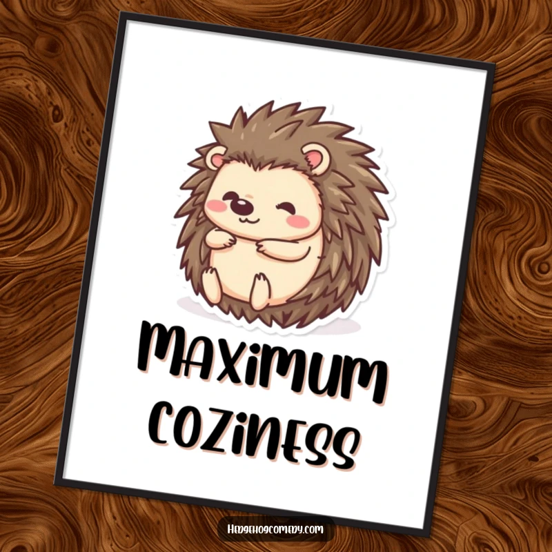 Funny kawaii hedgehog poster of a character rolling into a ball, evoking shyness and playfulness, perfect wall art.