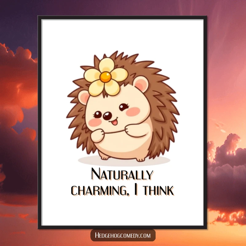 Funny Kawaii Hedgehog Poster: A cute hedgehog with a flower on its head is shown rolling happily on this art print.