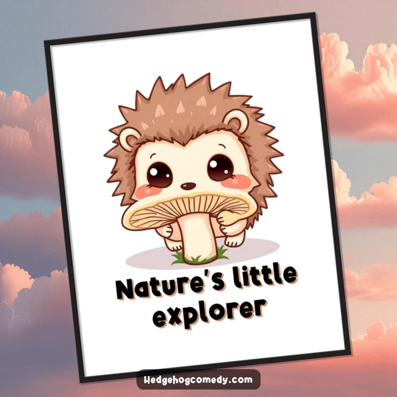 Funny Poster art of a delightful Kawaii hedgehog with wide, innocent eyes curiously sniffing a large, dewy mushroom.