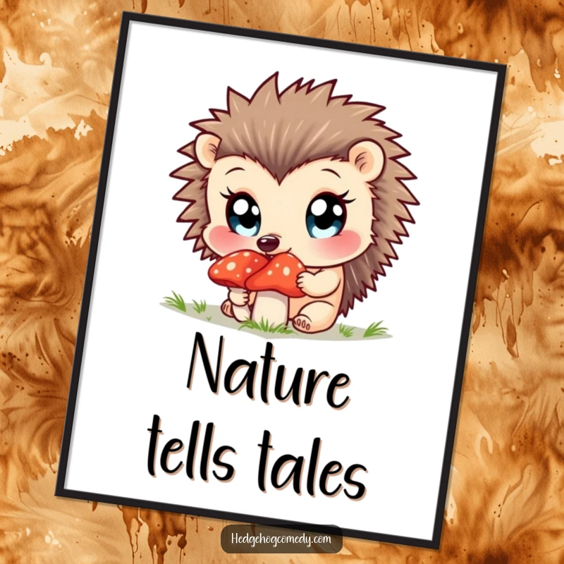 Funny poster featuring a curious hedgehog sniffing a mushroom, eyes wide with wonder.