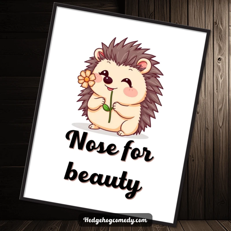 Funny Kawaii Hedgehog Poster: A cute hedgehog wobbles playfully, balancing a single flower on its nose, adding a touch of humor.