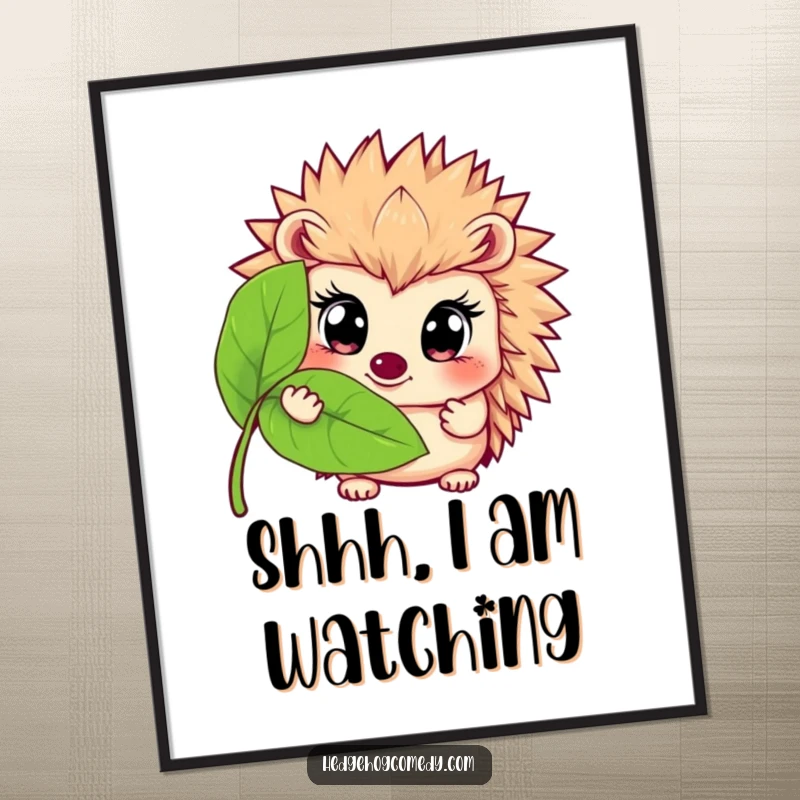 Funny poster print of a hedgehog with large eyes cautiously peeking from behind a leafy plant, radiating humorous curiosity.