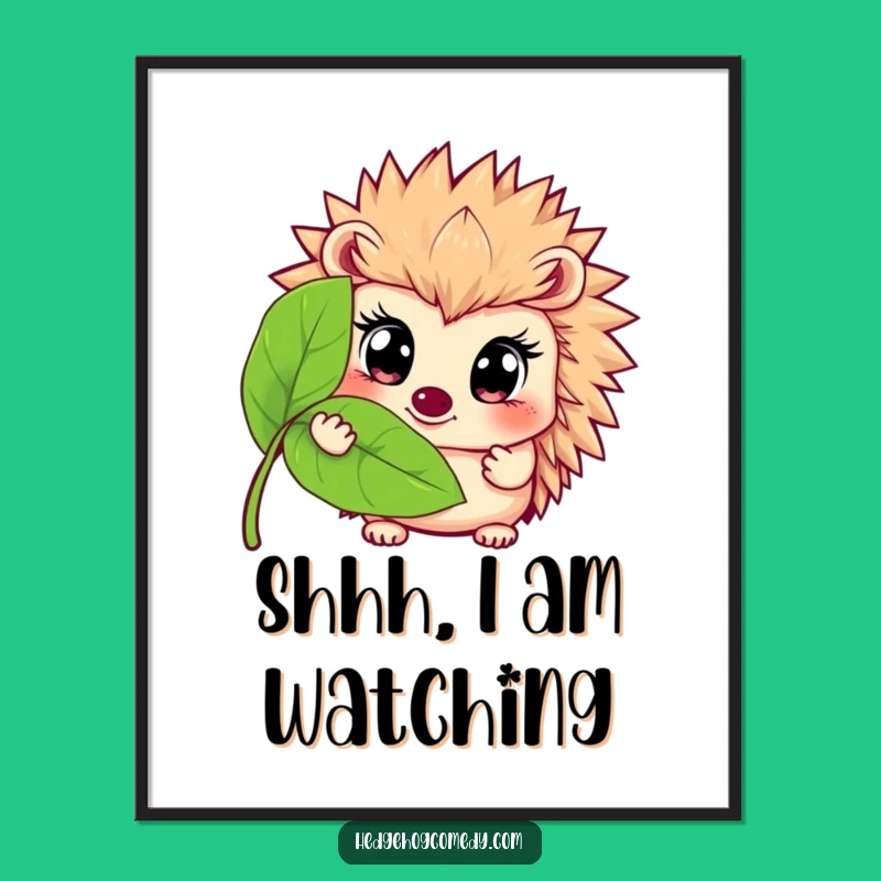 Funny Hedgehog Leaf Peek Poster: Wide-Eyed Prickly Friend's Art Gift