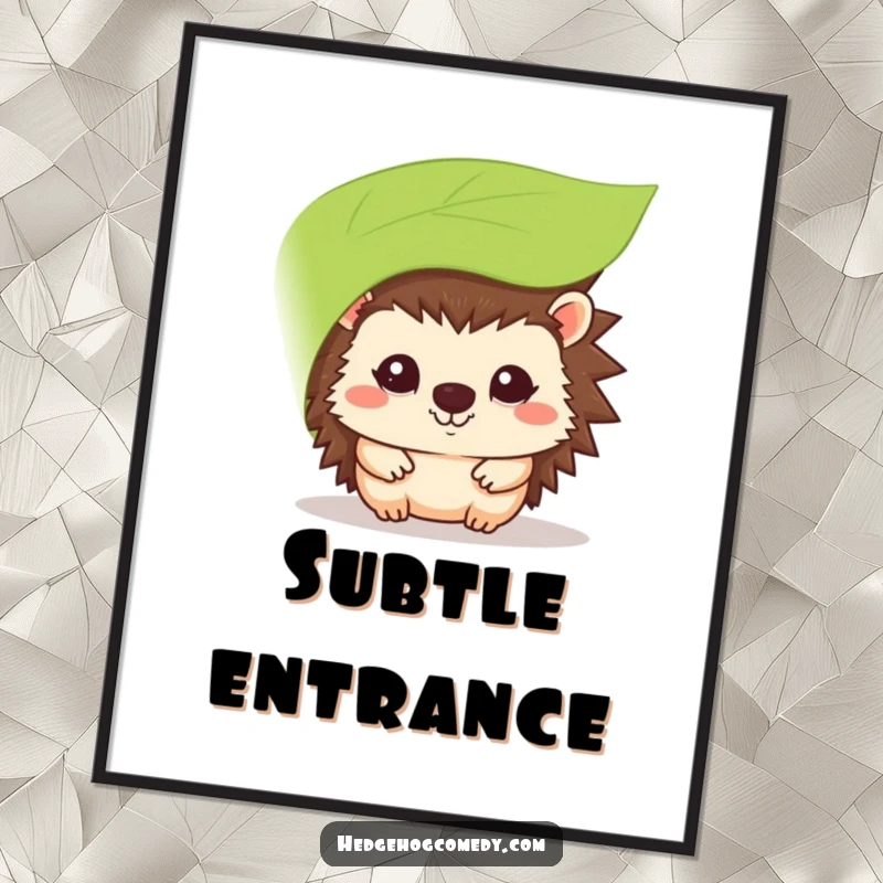 Funny kawaii hedgehog poster, shyly peeking from behind a leaf with a smile, conveying gentle charm.