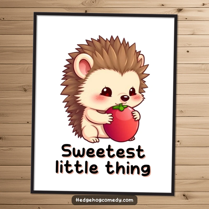 Funny poster featuring a timid hedgehog holding a large berry under its chin.