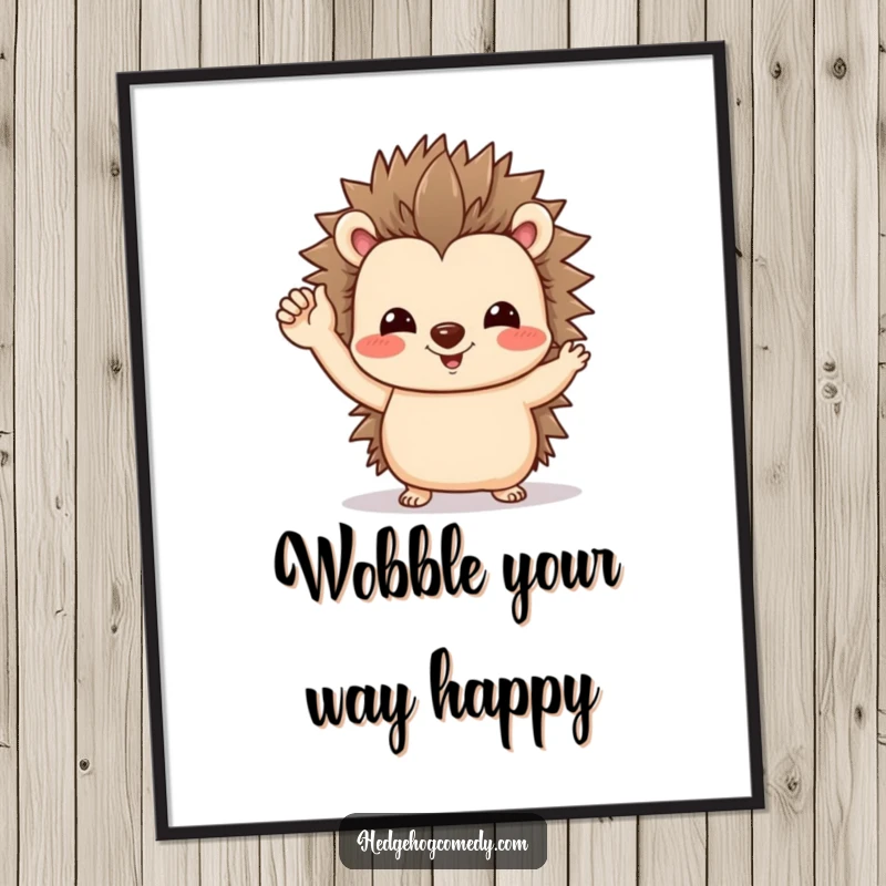 Funny poster of a friendly hedgehog character offering a tiny, endearing wave with a slightly wobbly foot. Utterly charming!