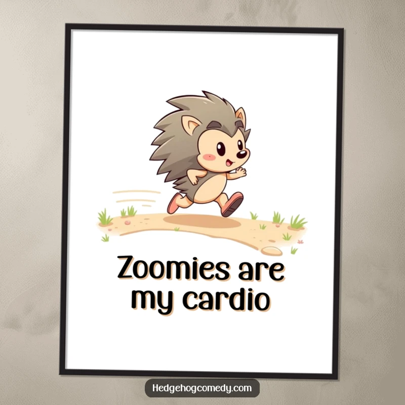 Funny poster of an energetic hedgehog character zipping across a path, radiating determination and pure, unbridled joy.