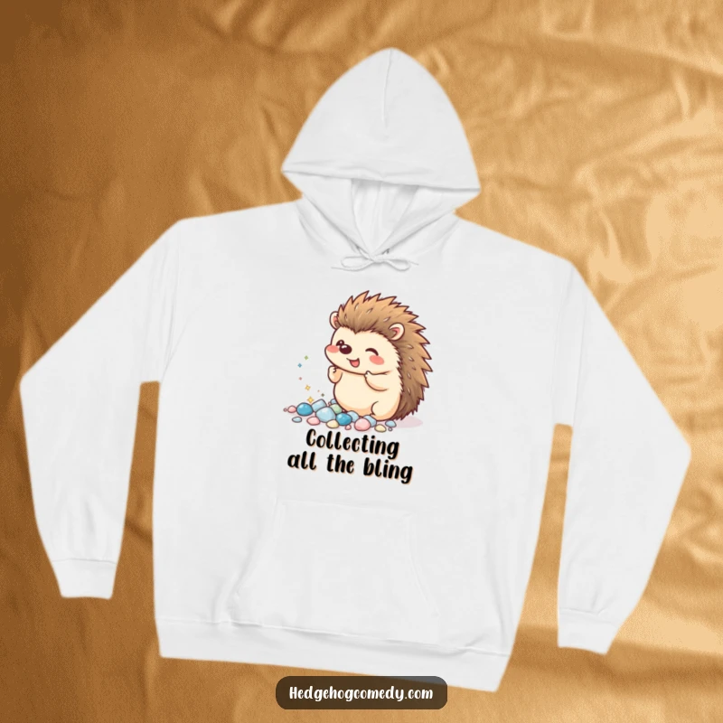Funny Kawaii Hedgehog Hoodie: An excited hedgehog proudly displays its collection of tiny, sparkling pebbles, offering warmth and charm.