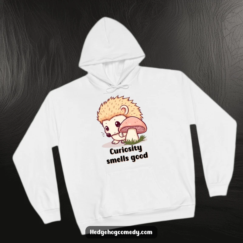 Funny Kawaii Hedgehog Hoodie: Curiously sniffing a dewy mushroom with innocent eyes, a wonderfully cozy and funny design. Great funny gift.