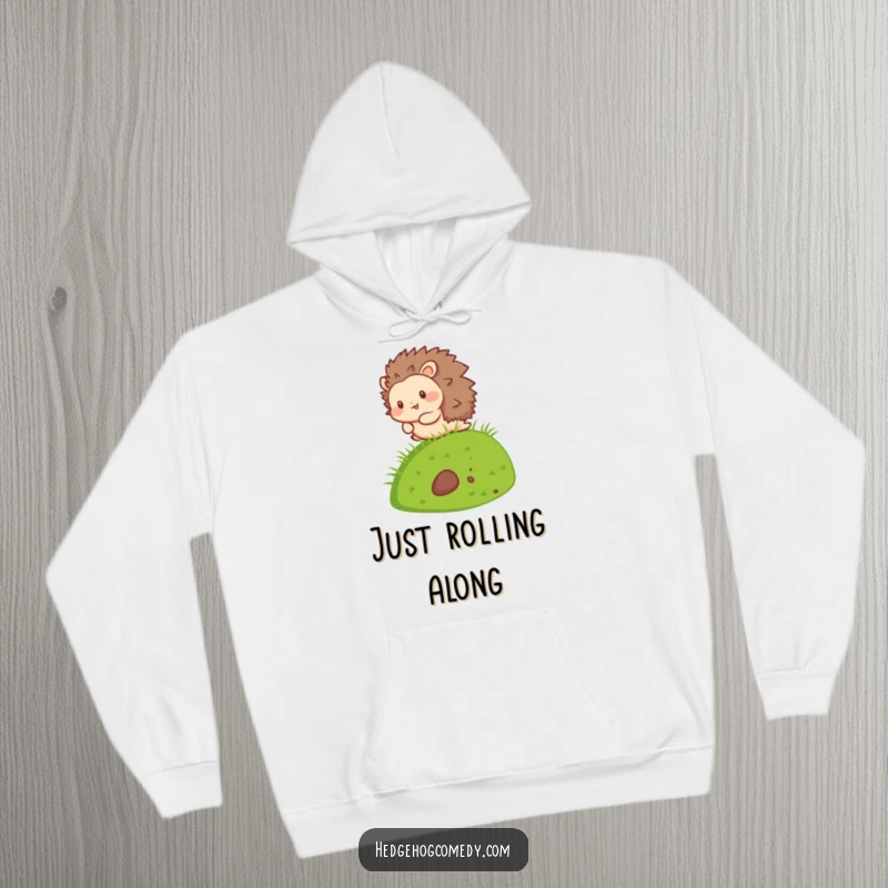 Funny Kawaii Hedgehog Hoodie featuring an adorable hedgehog character in a state of happy motion, rolling down a hill.
