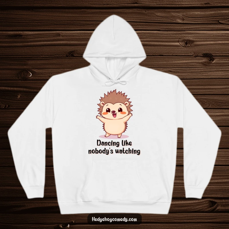Funny Kawaii Hedgehog Hoodie: A cute hedgehog wiggles its quills energetically while performing a silly dance.