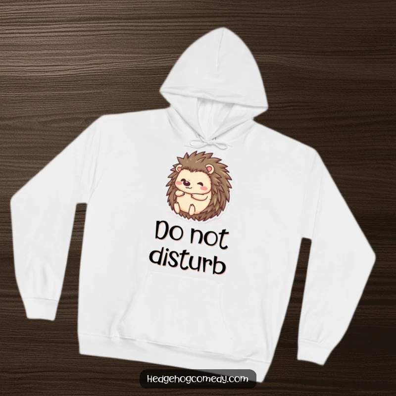 Funny kawaii hedgehog hoodie, rolling into a ball for comfort, illustrating a shy, playful, and relatable character.