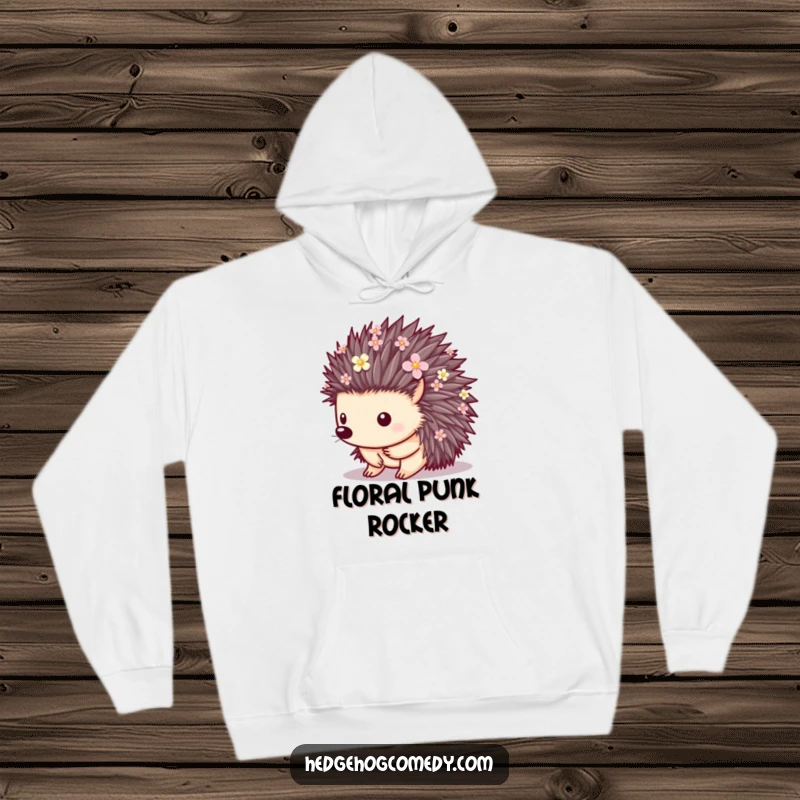 Funny cozy hoodie featuring a hedgehog with quills adorned with small flowers, perfect for nature lovers seeking comfort.