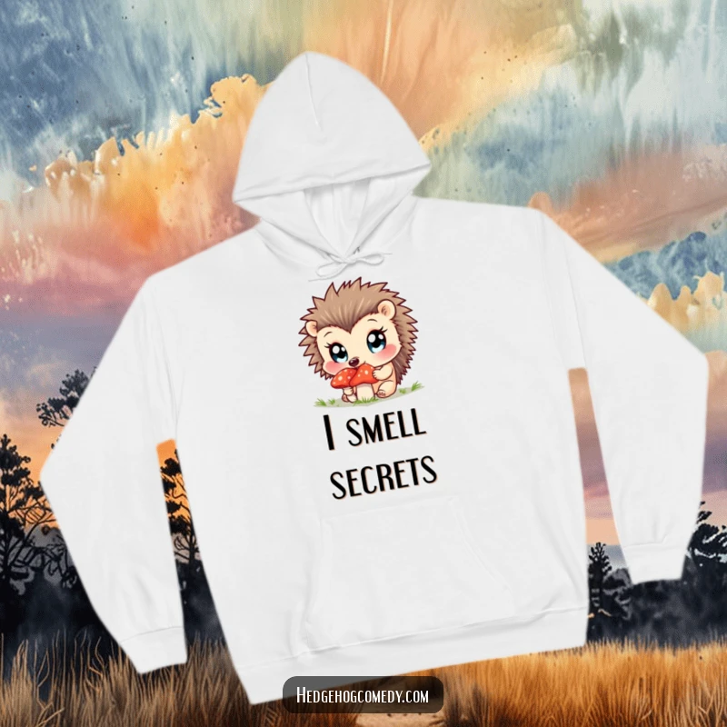 Funny hoodie featuring a curious hedgehog sniffing a mushroom with innocent, bright eyes.