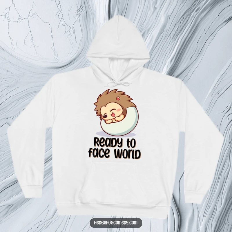 Funny Hedgehog Hoodie showing a character excitedly uncurling from a ball, perfect for cozy and humorous moments.