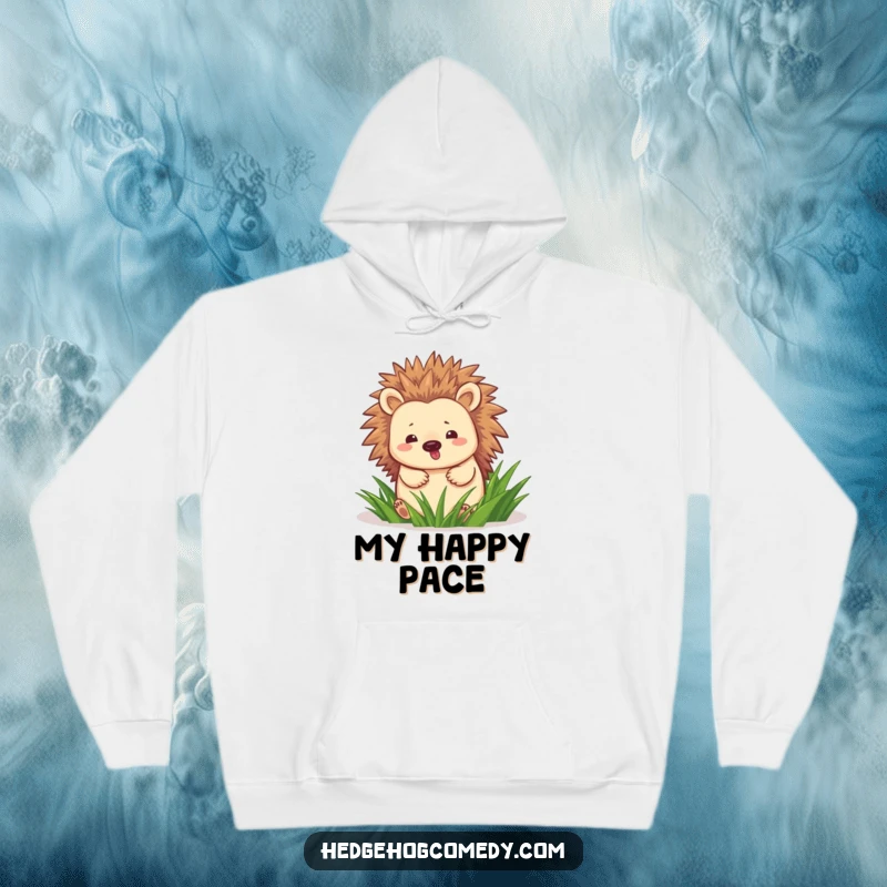 Funny hedgehog happily waddling through green grass on a cozy hoodie, bringing warmth and smiles.