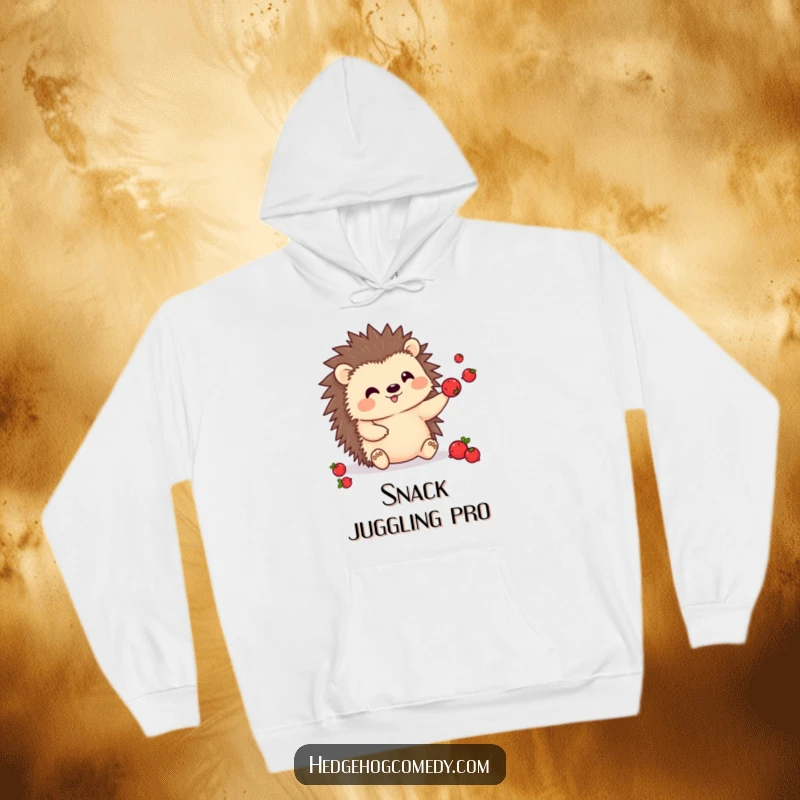 Funny kawaii hedgehog hoodie, playfully juggling berries, a cute character bringing warmth and smiles.