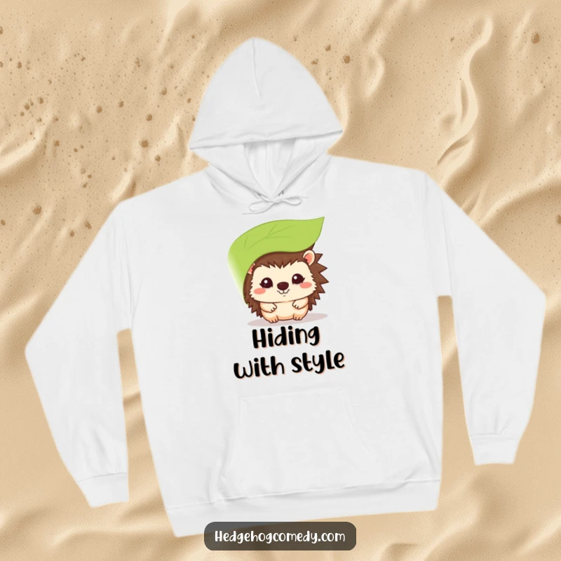 Funny kawaii hedgehog hoodie, peeking from behind a leaf with a shy smile, a cozy and sweet design.