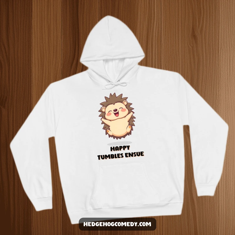 Funny hoodie featuring a joyful hedgehog in a delighted somersault, with a happy squeak sound.