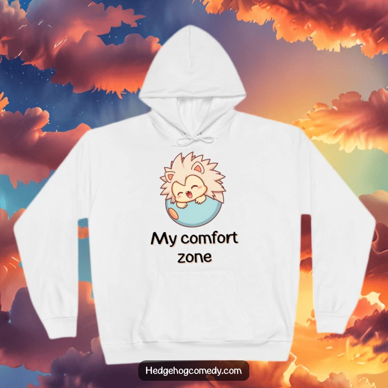 Funny hoodie with a joyful hedgehog character rolling into a ball, perfect for cozy wear and a humorous statement.