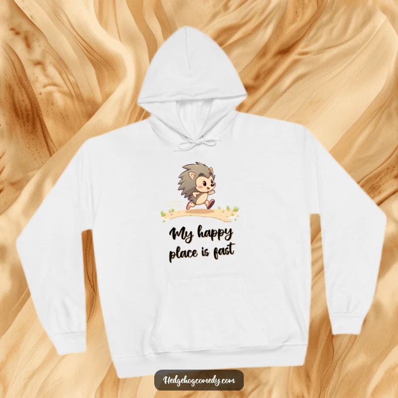 Funny hoodie featuring an energetic hedgehog character zipping with enthusiastic glee, perfect for staying cozy and cheerful.