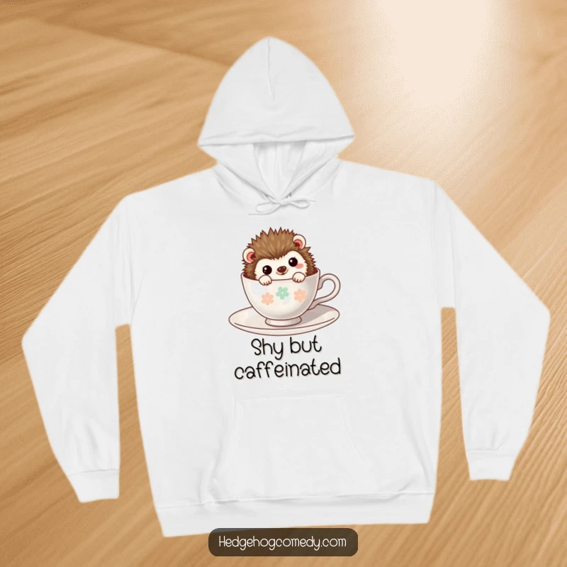 Funny Kawaii Hedgehog Hoodie: Adorable protagonist peeking shyly from a teacup, offering warmth and a touch of playful humor.