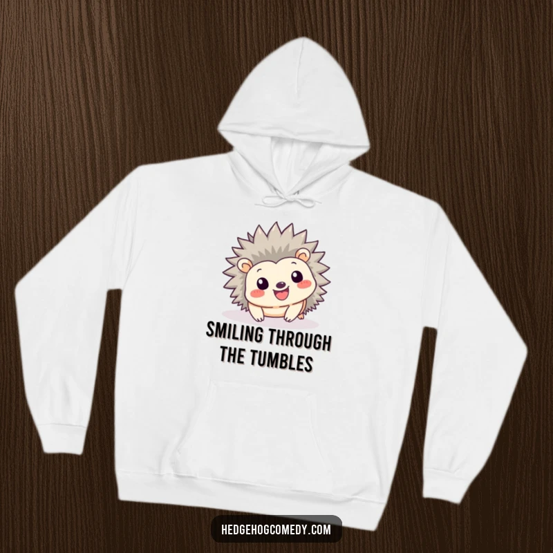 Funny Kawaii Hedgehog Hoodie: A smiling hedgehog playfully tumbles forward on this comfortable and cute hooded sweatshirt.