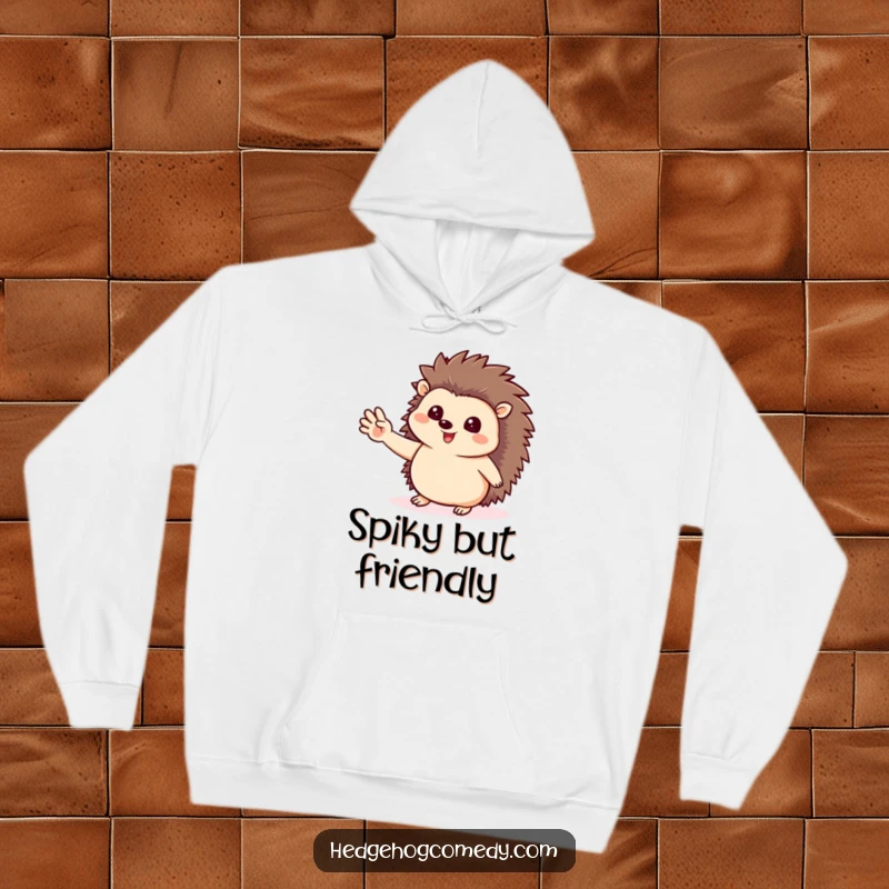 Funny cozy hoodie with a happy hedgehog giving a friendly wave, perfect for staying warm and cheerful, a cute animal gift.
