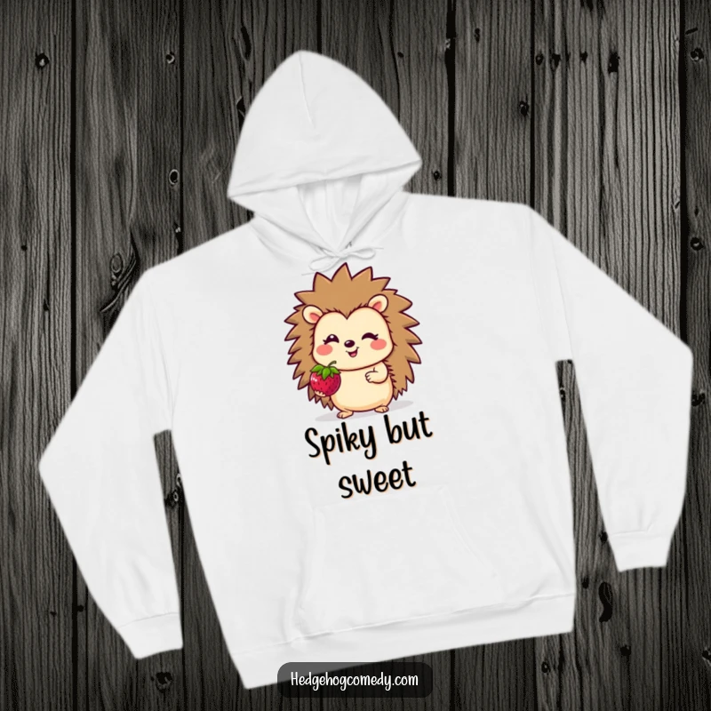 Funny Hoodie displaying a smiling hedgehog character offering a vibrant berry, perfect for cozy, heartwarming moments.