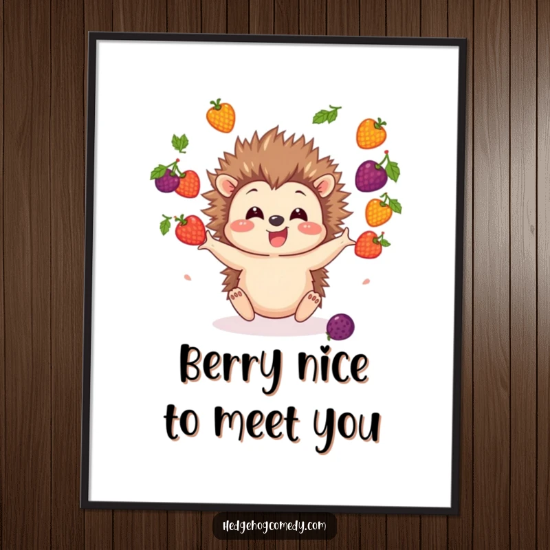 Funny Free Printable Wall Art: A cheerful hedgehog expertly juggling a collection of bright, colorful berries.