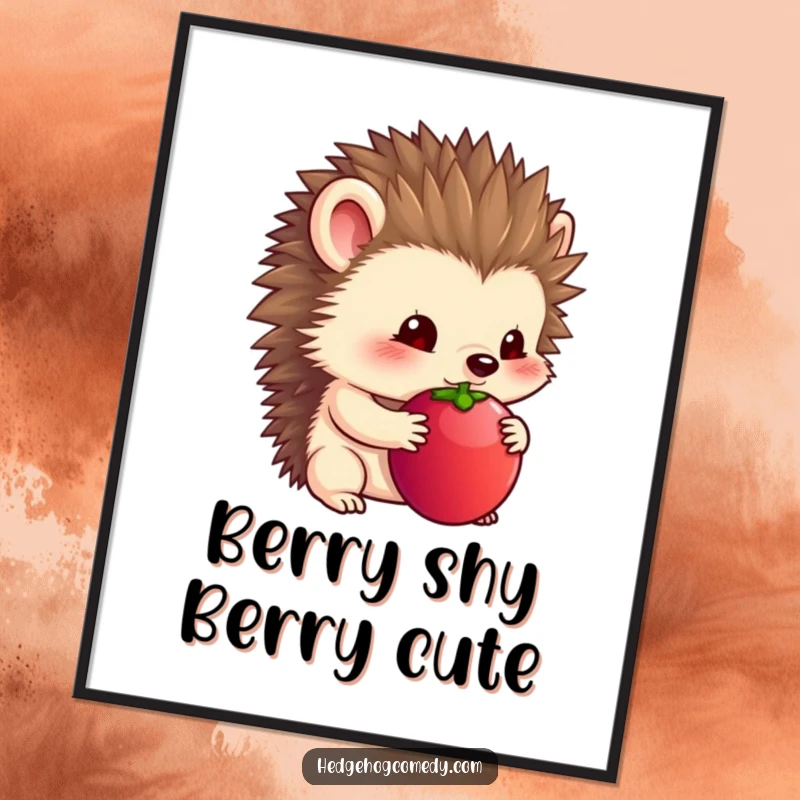 Funny Free Printable Wall Art: Timid hedgehog holding a large berry sweetly under its chin.