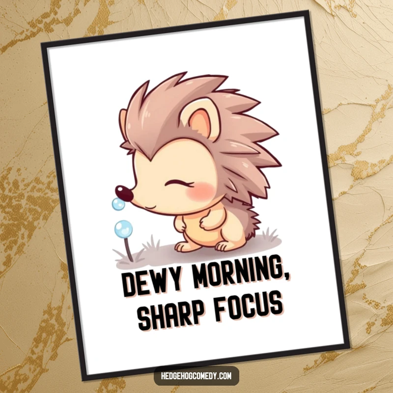 Funny Free Printable Wall Art: Small hedgehog looking with wide-eyed curiosity at a single, shiny dewdrop, evoking wonder and peace.
