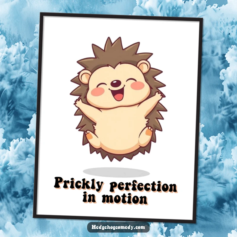 Funny Free Printable Wall Art: Joyful hedgehog doing a delighted somersault, radiating happiness.