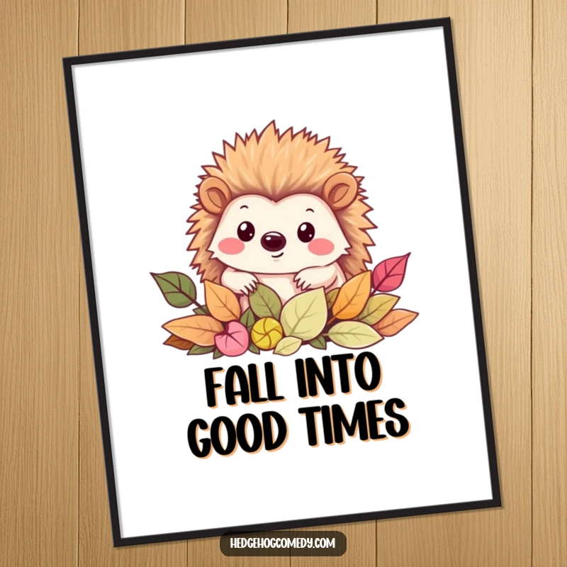 Funny Free Printable Wall Art: Kawaii hedgehog curiously poking its snout out from a pile of leaves, smiling.