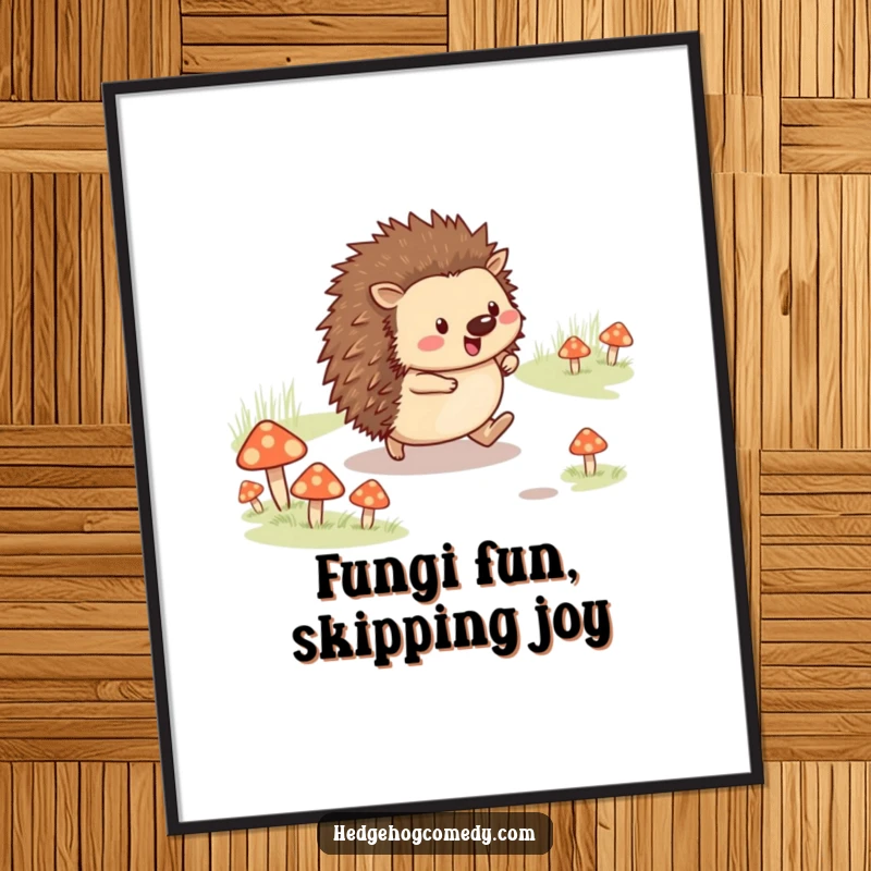 Funny Free Printable Wall Art of a cheerful hedgehog skipping along a path lined with tiny mushrooms, inviting a sense of adventure.