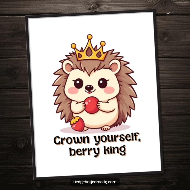 Funny Free Printable Wall Art: A cute kawaii hedgehog wearing a crown balances a berry, perfect for whimsical decor.