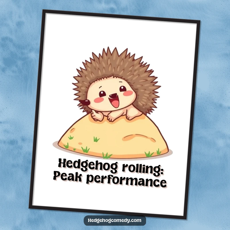 Funny Free Printable Wall Art: A happy hedgehog enthusiastically rolling down a small hill, spines up, full of playful energy.