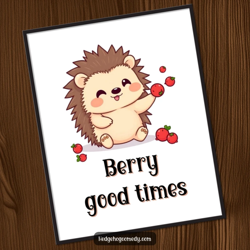 Funny Free Printable Wall Art: Kawaii hedgehog character energetically juggling a pile of small berries, showcasing a delightful skill with a happy expression.